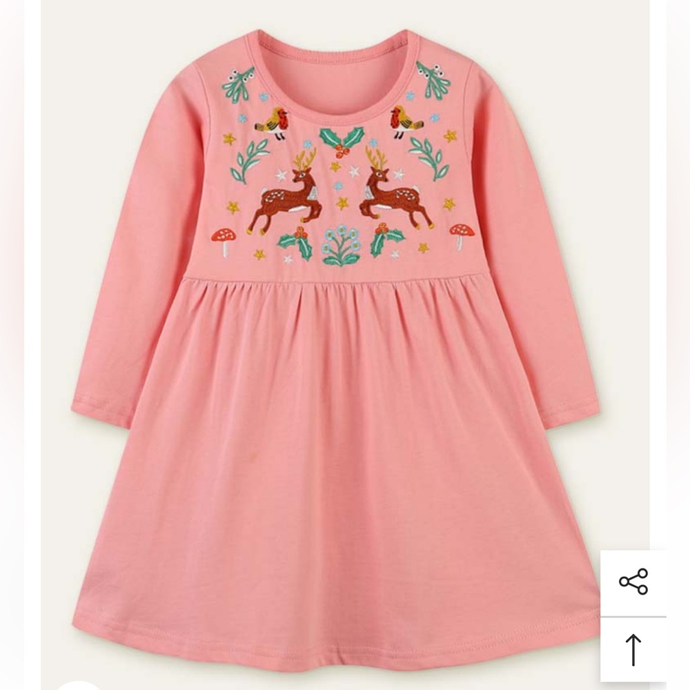 Pink Holiday Dress w Embroidered Reindeer Holly Birds Flowers Mushrooms Sz 3